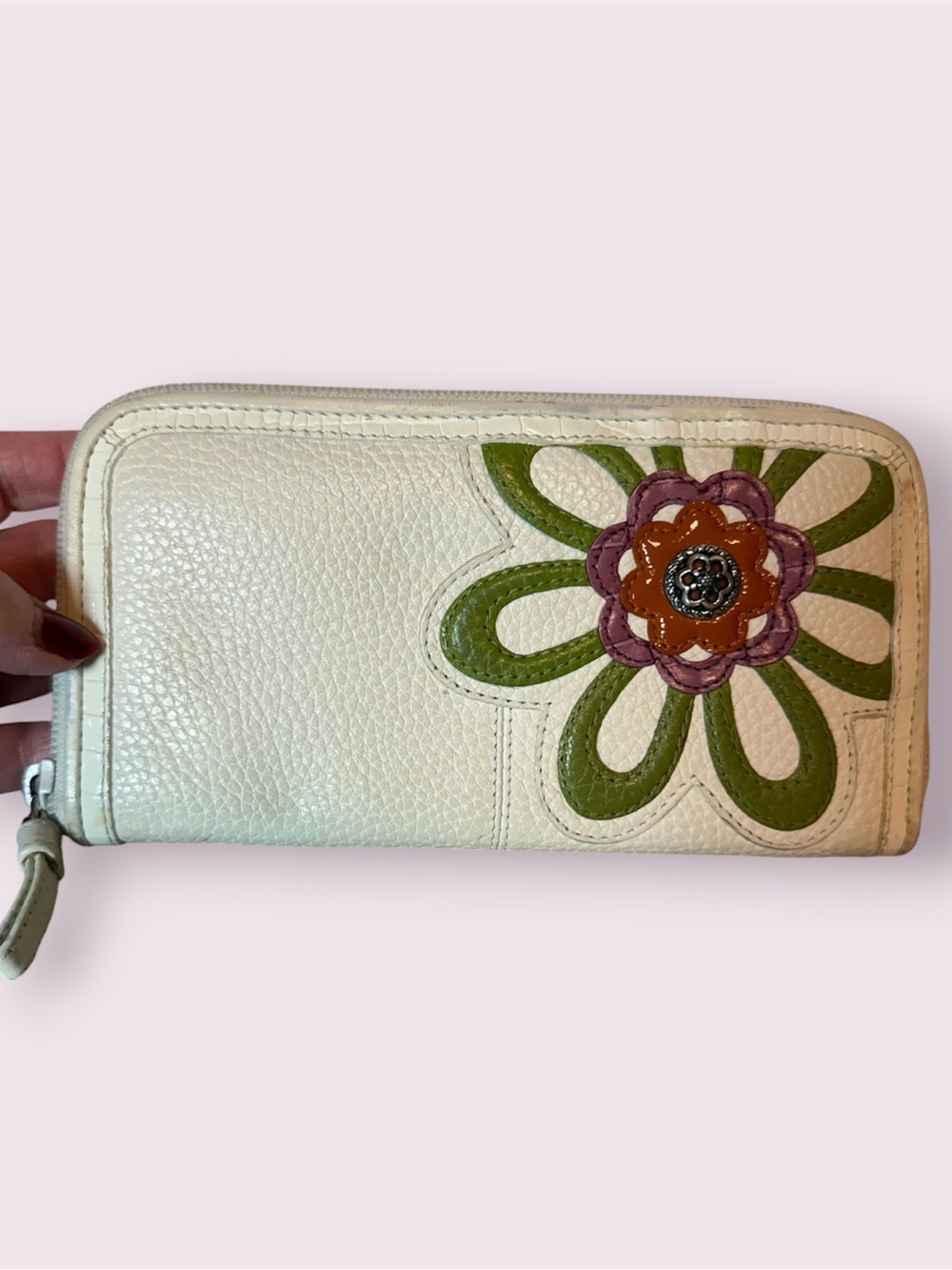 Vintage Brighton Y2K Jova Leather Zip Around Large Wallet 3D Flower White Ivory